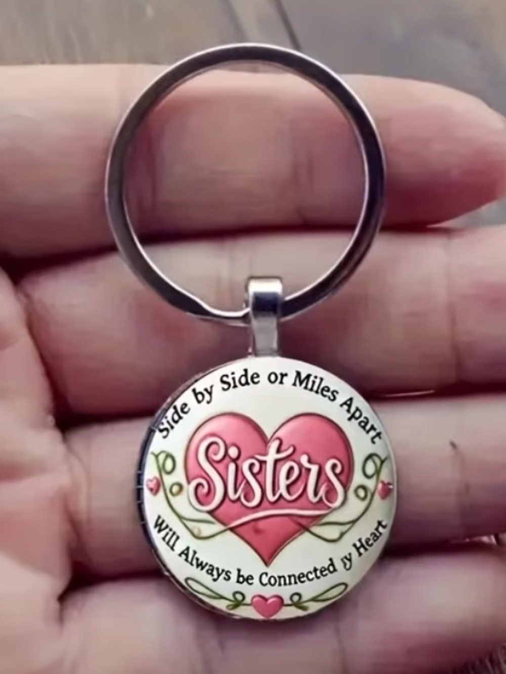 Sisters Heart Keychain - Pink & Silver